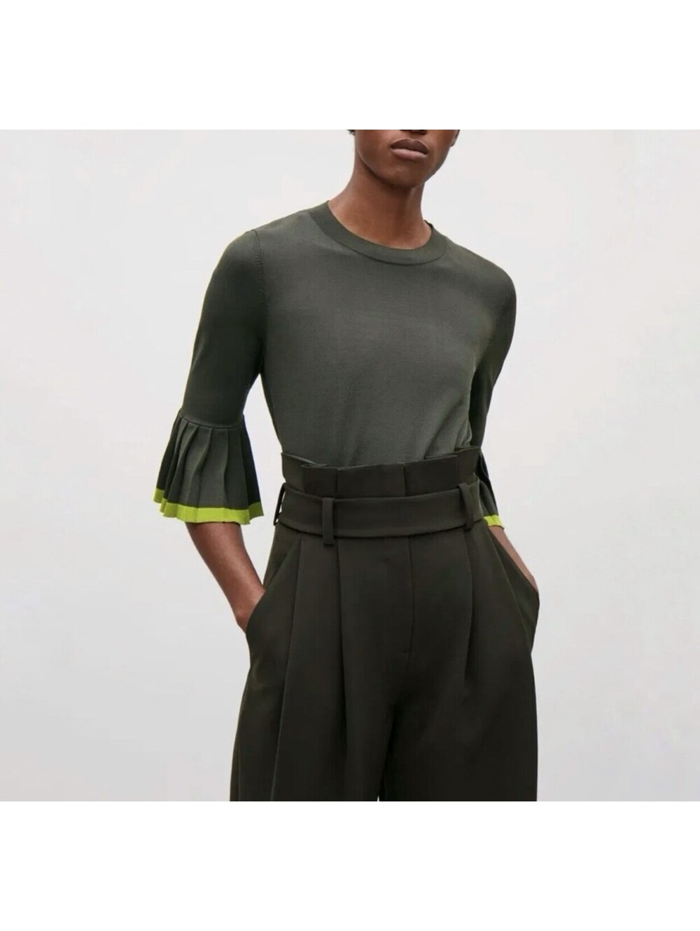COS Knitted Top Sweater Pleated 3/4 Flared Sleeves Women Medium M  Green